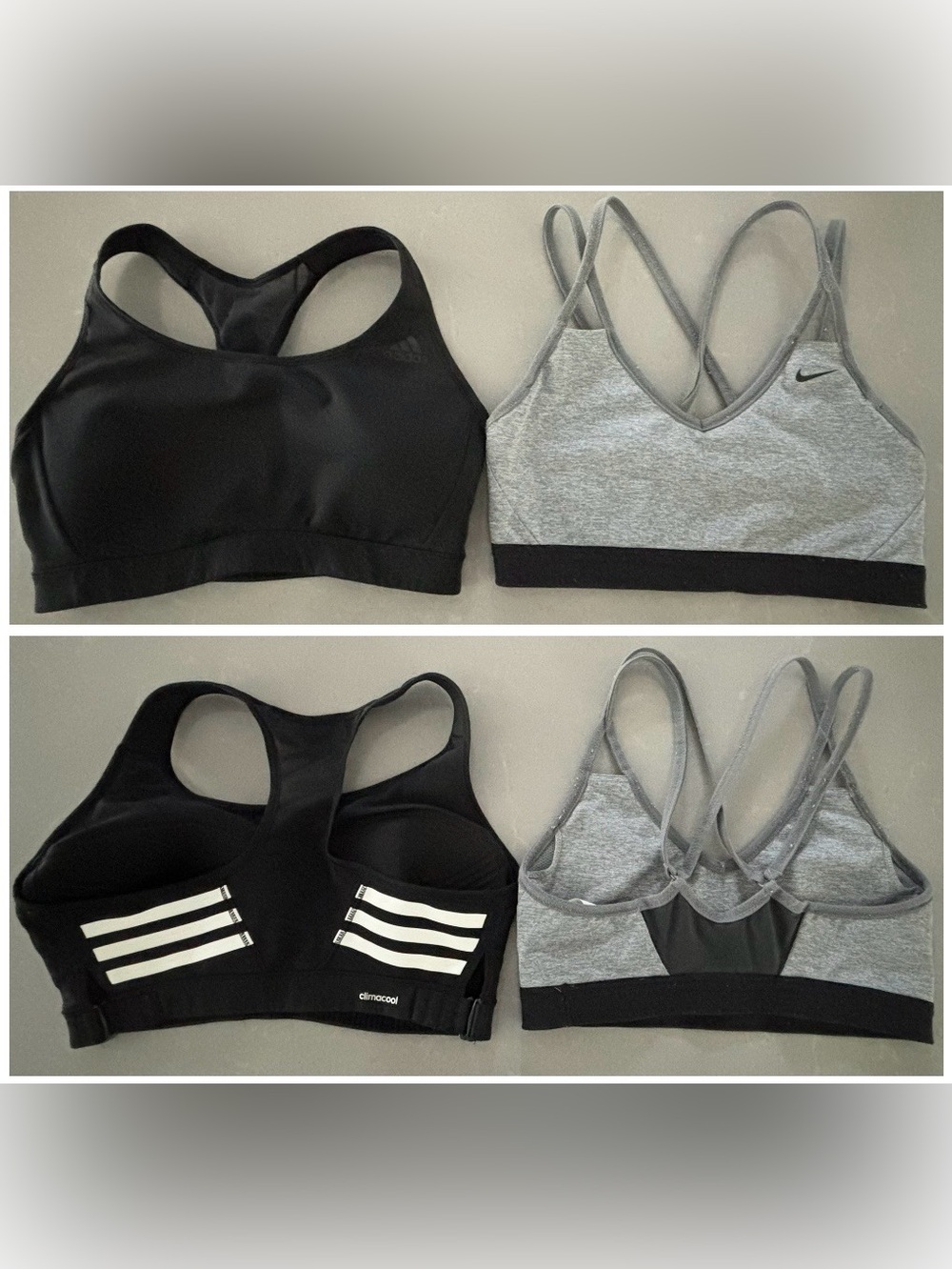 lot of 2 women’s sports bras Adidas Climacool black + Nike Gray - size M